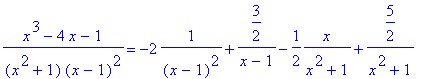 (x^3-4*x-1)/(x^2+1)/(x-1)^2 = -2*1/((x-1)^2)+3/2/(x...